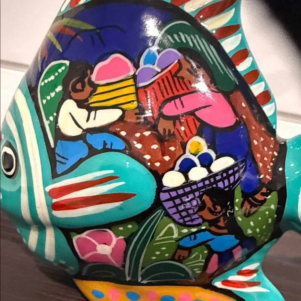 Talavera Mexican Folk Art Colorful Fish Pottery Sculpture Decor Hand Painted